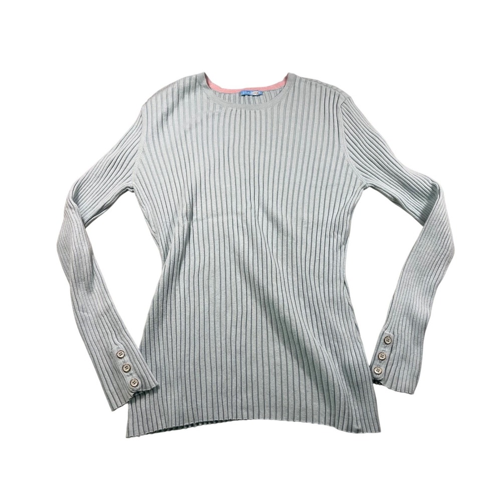 J.McLaughlin XL Ribbed Knit Crewneck Sweater Light Blue Button Cuff